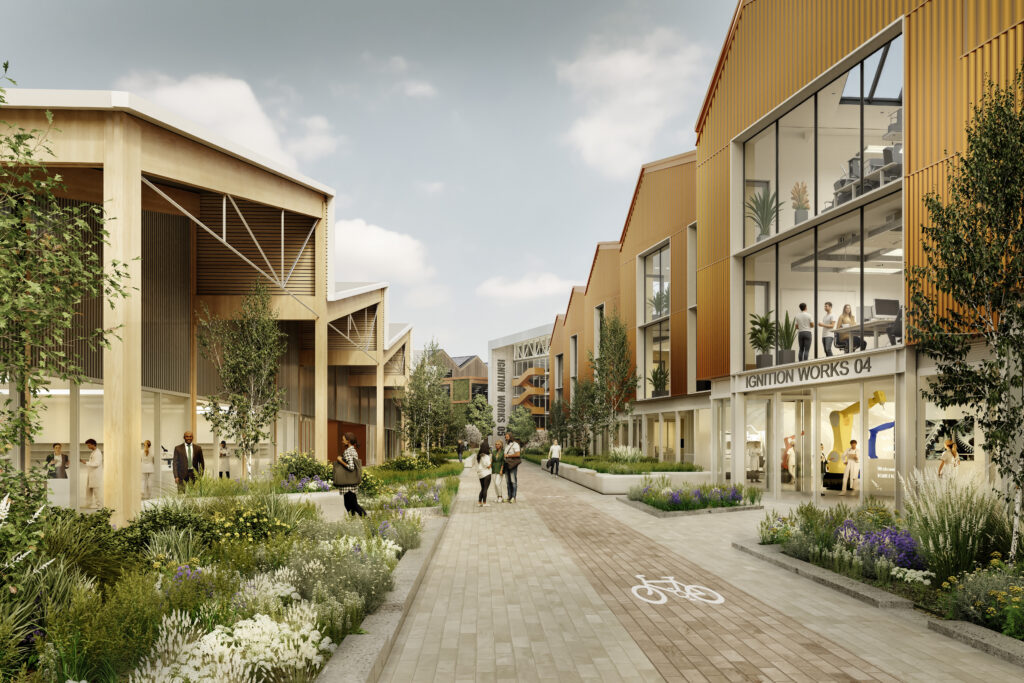Image shows artist Impressions of Ignition Works site (for illustrative purposes only) created by architects Bond Bryan: Fairhursts. Image shows buildings with walk way and cycle path in the middle, green area with trees and bushes and people walking through the site. With the words Ignition Works on the building and people seen working in office.